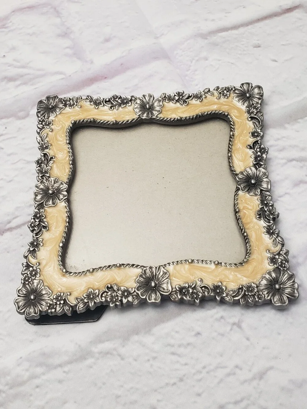 Pewter & Enamel Floral Square Easel-Back Picture Frame